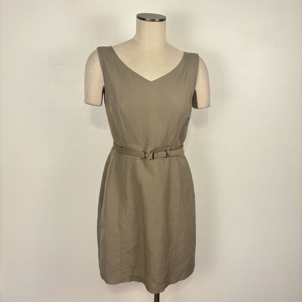 Isabella Demarco Size 8 Linen Blend Sheath Dress Tahari Levine Belted Taupe